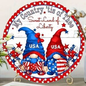 8” Patriotic Gnomes Round Metal Sign My County Tis of Thee